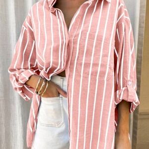 SHEIN Pink and White Striped Shirt